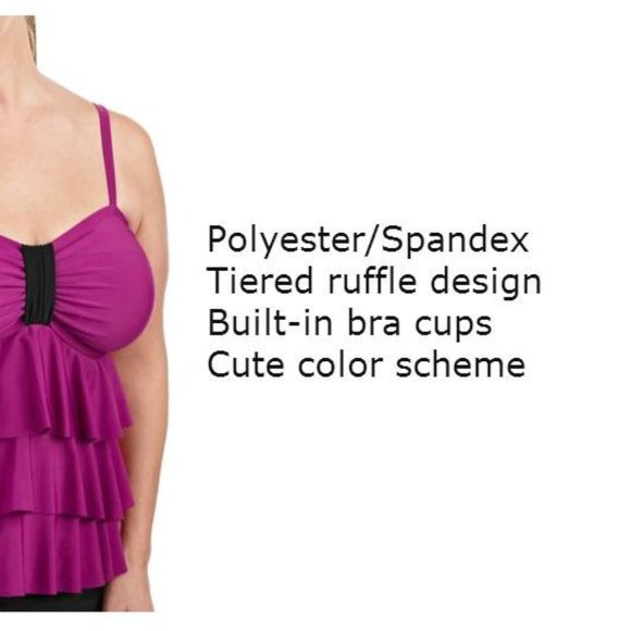 new Swimsuit Top Tankini Waterfall Tiered Ruffles PLUS Berry & Black - Picture 4 of 9